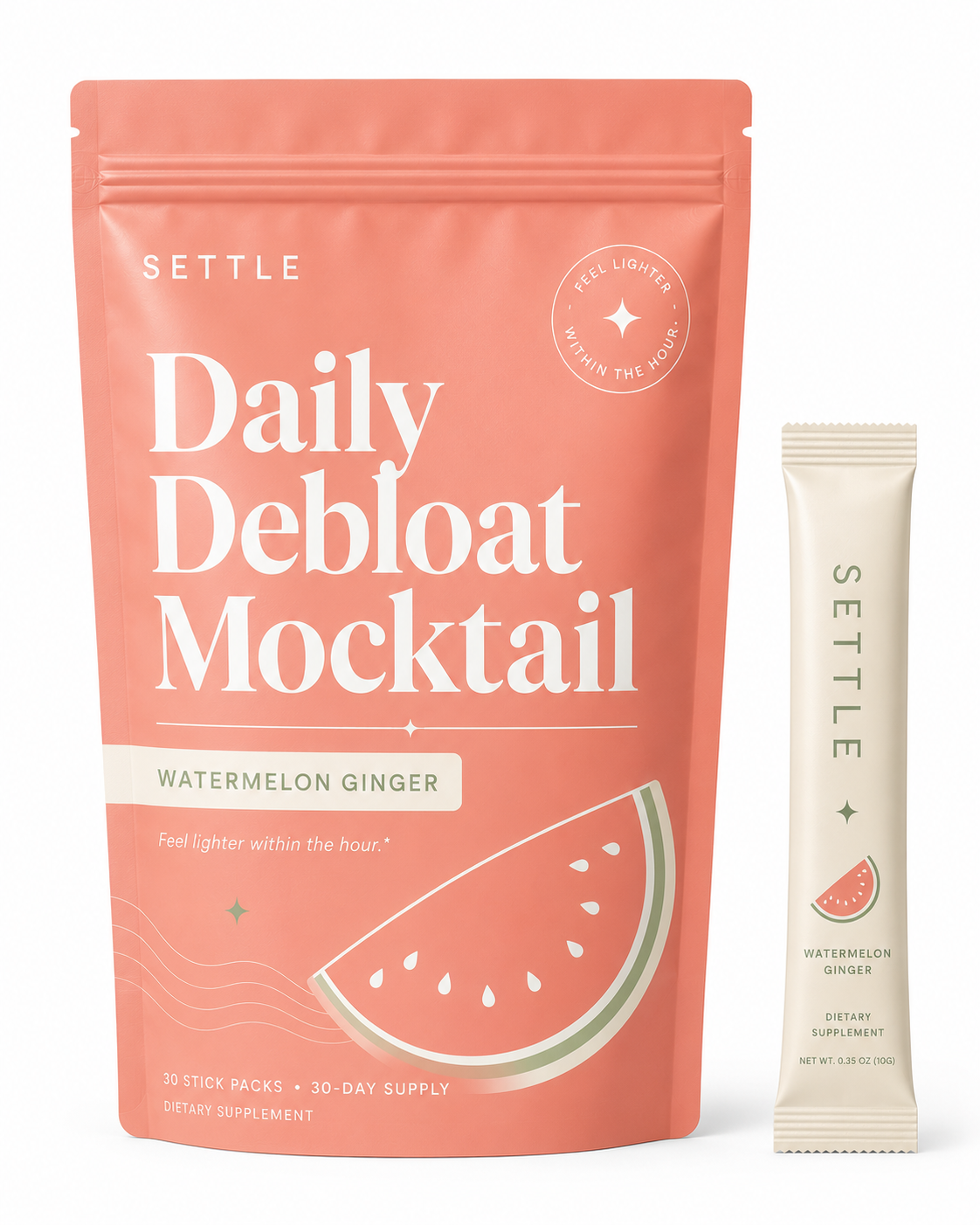SETTLE Daily Debloat Mocktail watermelon ginger stick pack, white and cream packaging, 30-day supply box