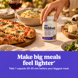 Debloat on a dinner table next to pizza: make big meals feel lighter
