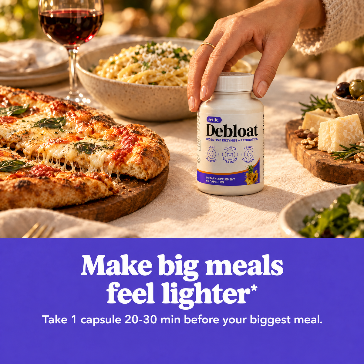 Debloat on a dinner table next to pizza: make big meals feel lighter