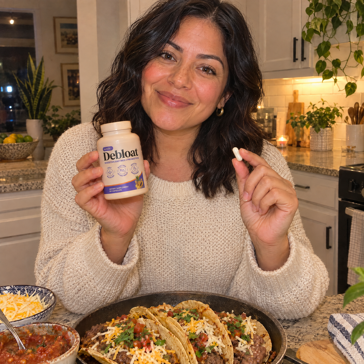 Woman holding Debloat and a capsule before a taco dinner
