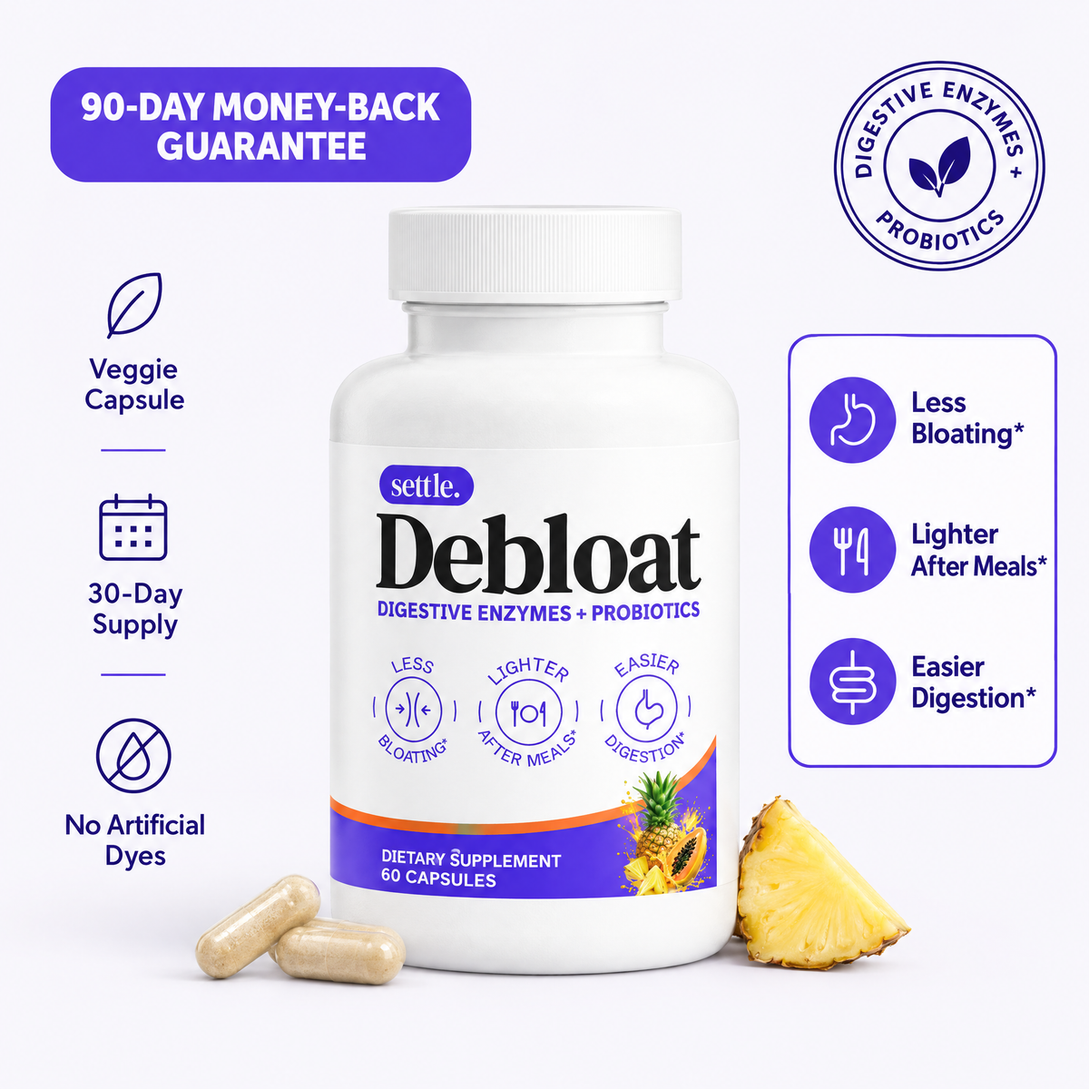 Debloat by settle.: 90-day money-back guarantee, veggie capsule, 30-day supply, no artificial dyes, less bloating, lighter after meals, easier digestion