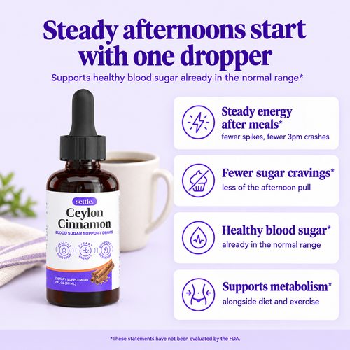 Steady afternoons start with one dropper: steady energy after meals, fewer sugar cravings, healthy blood sugar, supports metabolism*