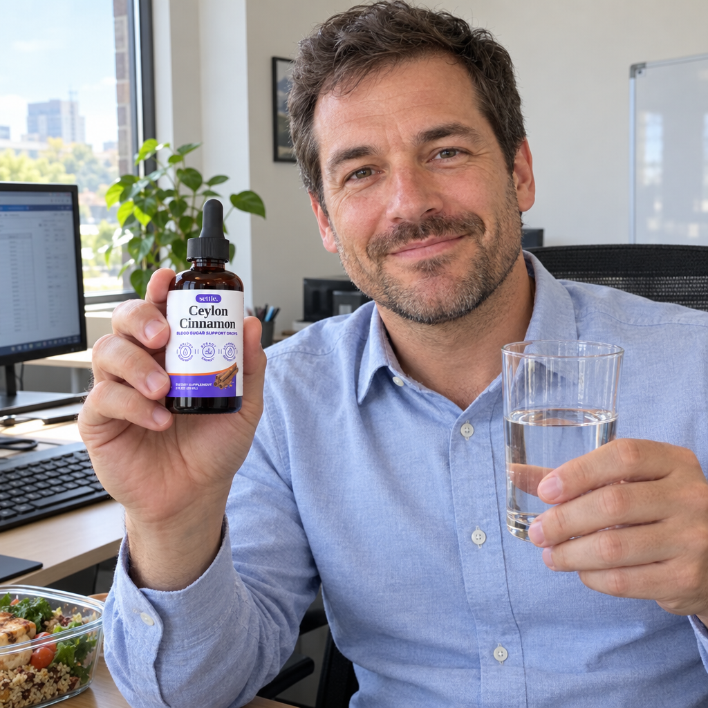 Man at his desk at 3pm adding Cinnamon Drops to water