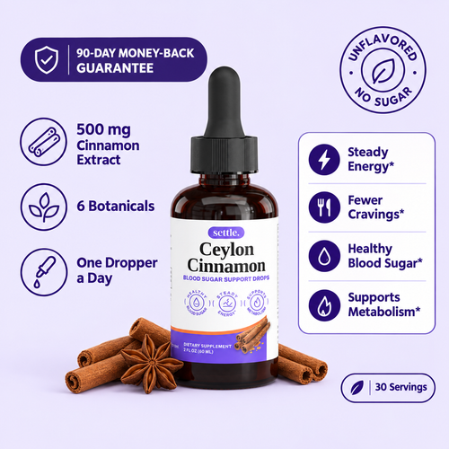 Cinnamon Drops by settle.: 90-day money-back guarantee, 500 mg cinnamon extract, 6 botanicals, one dropper a day, steady energy, fewer cravings, healthy blood sugar, supports metabolism*