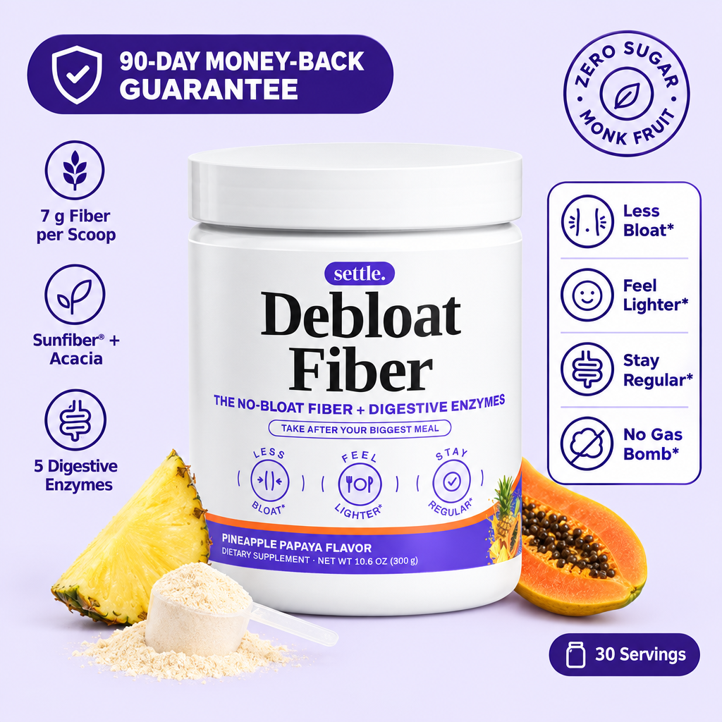 Debloat Fiber by settle.: 90-day money-back guarantee, 7 g fiber per scoop, Sunfiber + acacia, 5 digestive enzymes, less bloat, feel lighter, stay regular, no gas bomb*