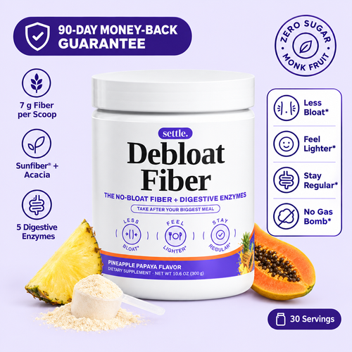 Debloat Fiber by settle.: 90-day money-back guarantee, 7 g fiber per scoop, Sunfiber + acacia, 5 digestive enzymes, less bloat, feel lighter, stay regular, no gas bomb*