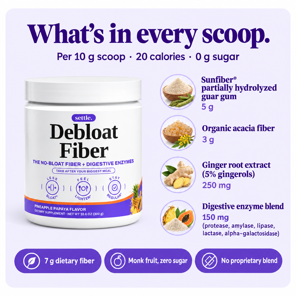 What's in every scoop: Sunfiber 5 g, organic acacia 3 g, ginger root extract 250 mg, digestive enzyme blend 150 mg