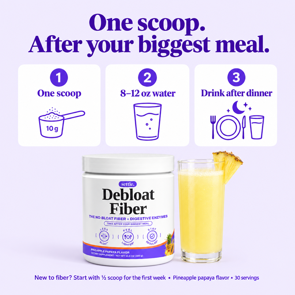 One scoop after your biggest meal: one scoop, 8 to 12 oz water, drink after dinner